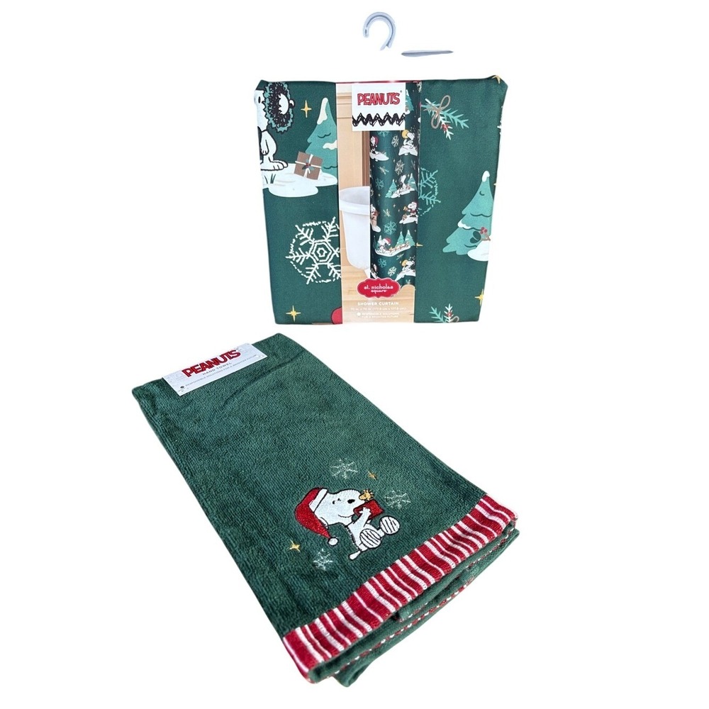 Peanuts Snoopy Green Christmas Shower Curtain & Matching Hand Towel GIFT NEW